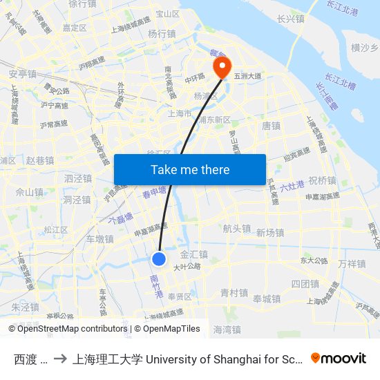 西渡 Xidu to 上海理工大学 University of Shanghai for Science and Technology map