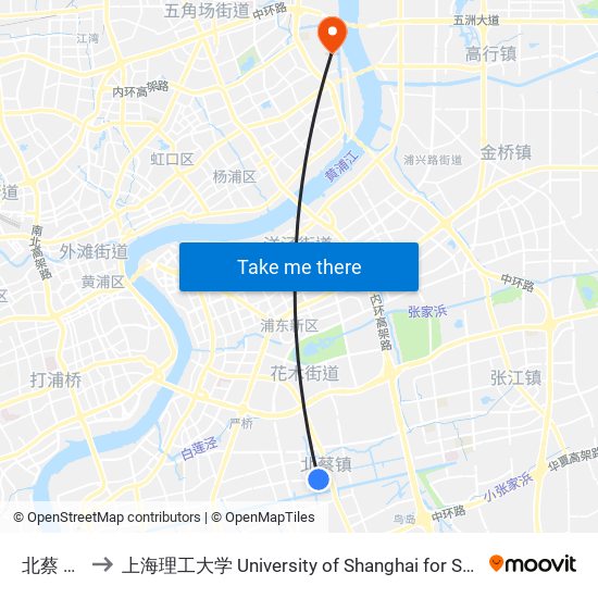 北蔡 Beicai to 上海理工大学 University of Shanghai for Science and Technology map