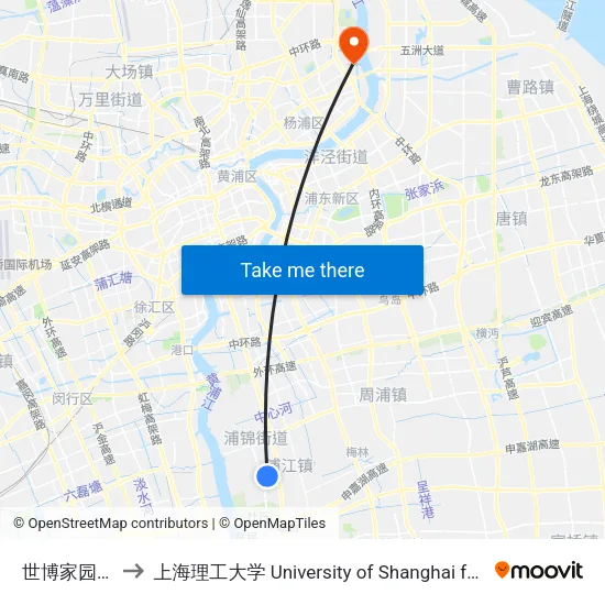 世博家园十一街坊 to 上海理工大学 University of Shanghai for Science and Technology map