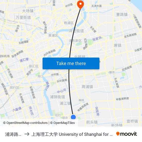 浦涛路江航路 to 上海理工大学 University of Shanghai for Science and Technology map