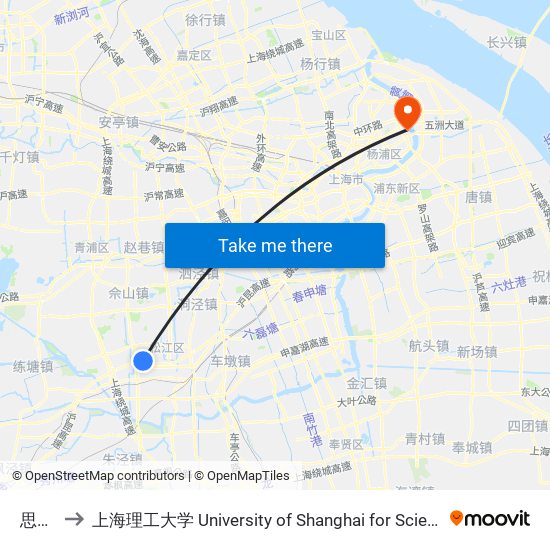 思贤路 to 上海理工大学 University of Shanghai for Science and Technology map