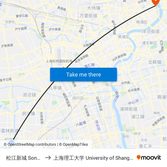 松江新城 Songjiang Xincheng to 上海理工大学 University of Shanghai for Science and Technology map