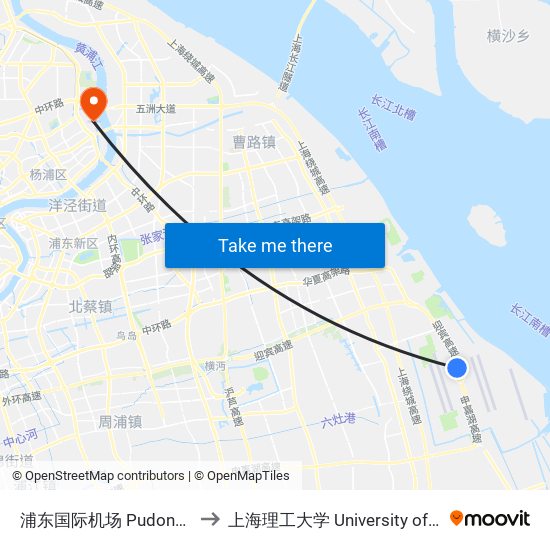 浦东国际机场 Pudong International Airport (Maglev) to 上海理工大学 University of Shanghai for Science and Technology map