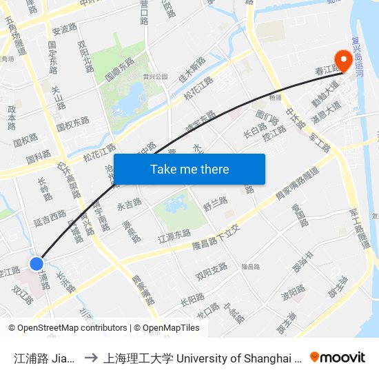 江浦路 Jiangpu Road to 上海理工大学 University of Shanghai for Science and Technology map