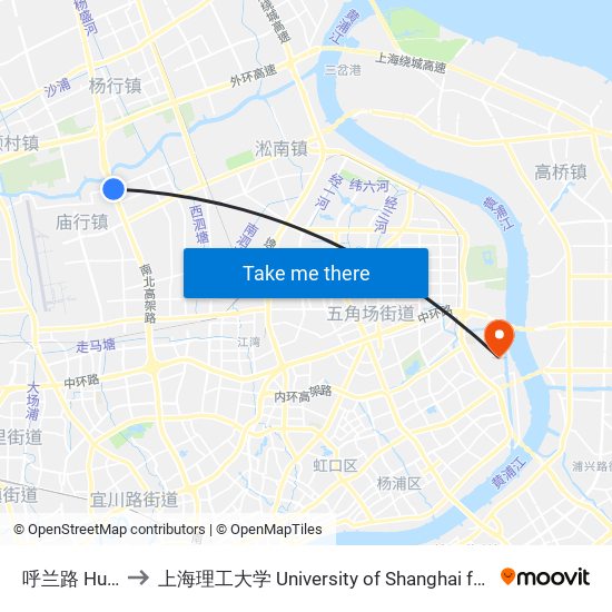 呼兰路 Hulan Road to 上海理工大学 University of Shanghai for Science and Technology map