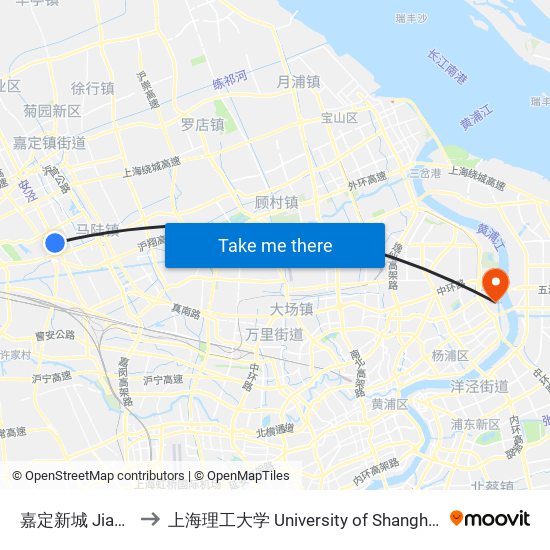 嘉定新城 Jiading Xincheng to 上海理工大学 University of Shanghai for Science and Technology map