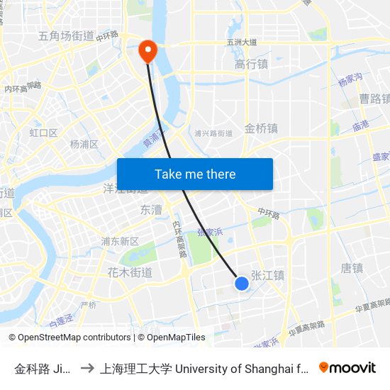 金科路 Jinke Road to 上海理工大学 University of Shanghai for Science and Technology map