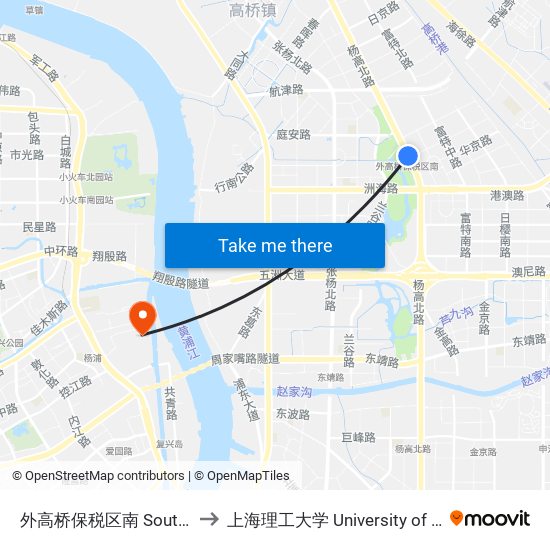外高桥保税区南 South Waigaoqiao Free Trade Zone to 上海理工大学 University of Shanghai for Science and Technology map