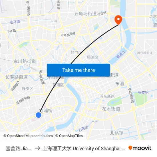 嘉善路 Jiashan Road to 上海理工大学 University of Shanghai for Science and Technology map