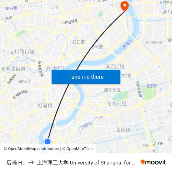 后滩 Houtan to 上海理工大学 University of Shanghai for Science and Technology map