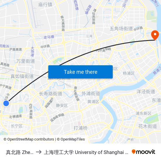 真北路 Zhenbei Road to 上海理工大学 University of Shanghai for Science and Technology map