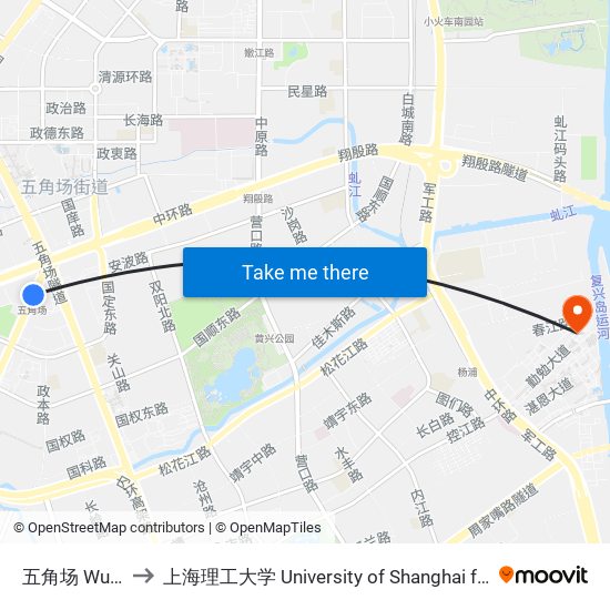 五角场 Wujiaochang to 上海理工大学 University of Shanghai for Science and Technology map