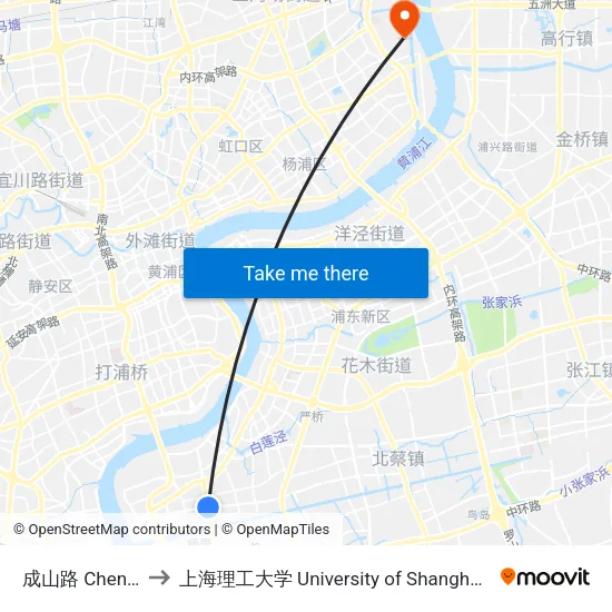 成山路 Chengshan Road to 上海理工大学 University of Shanghai for Science and Technology map