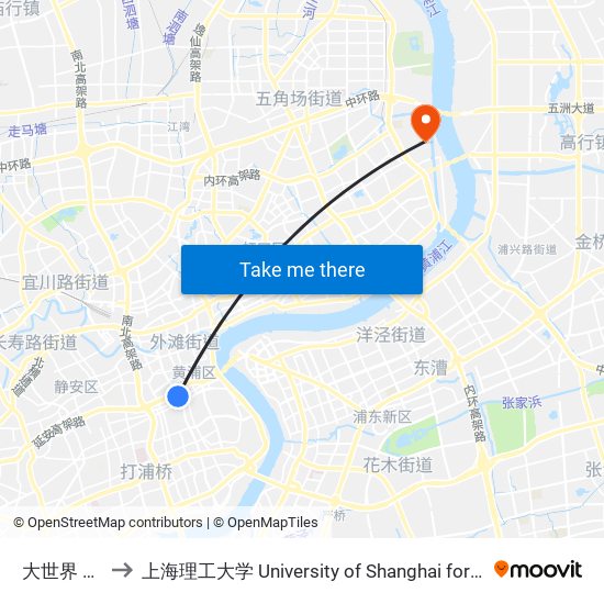 大世界 Dashijie to 上海理工大学 University of Shanghai for Science and Technology map