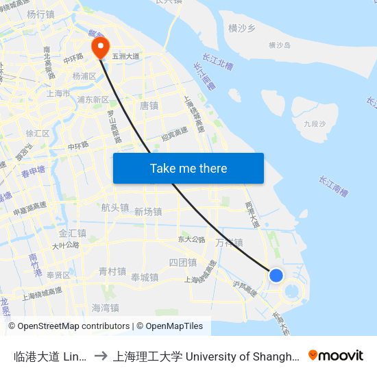 临港大道 Lingang Avenue to 上海理工大学 University of Shanghai for Science and Technology map