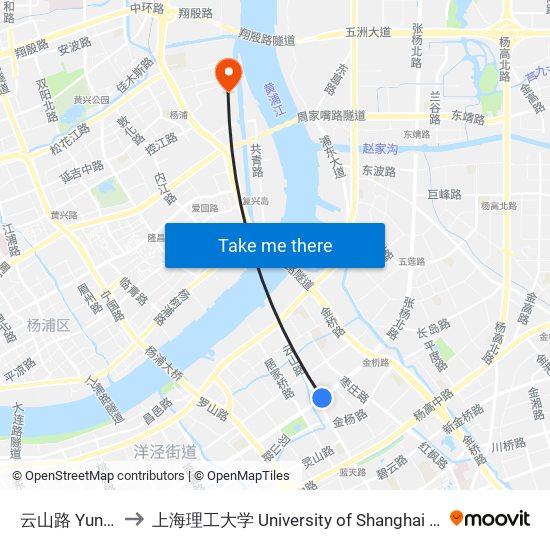 云山路 Yunshan Road to 上海理工大学 University of Shanghai for Science and Technology map