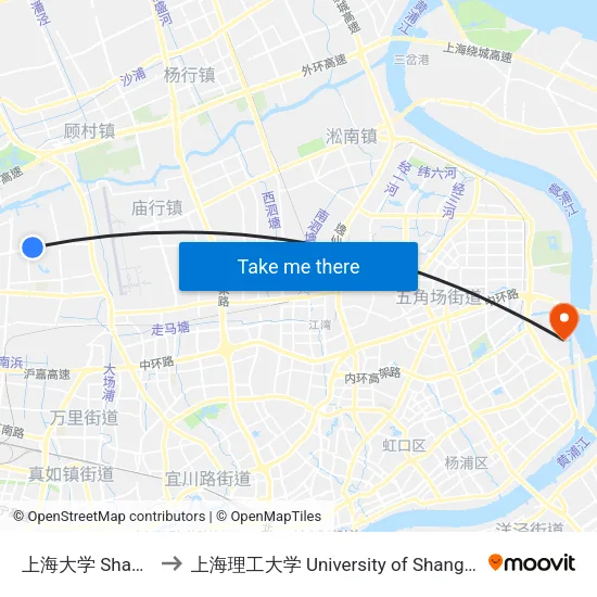 上海大学 Shanghai University to 上海理工大学 University of Shanghai for Science and Technology map