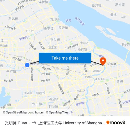 光明路 Guangming Road to 上海理工大学 University of Shanghai for Science and Technology map