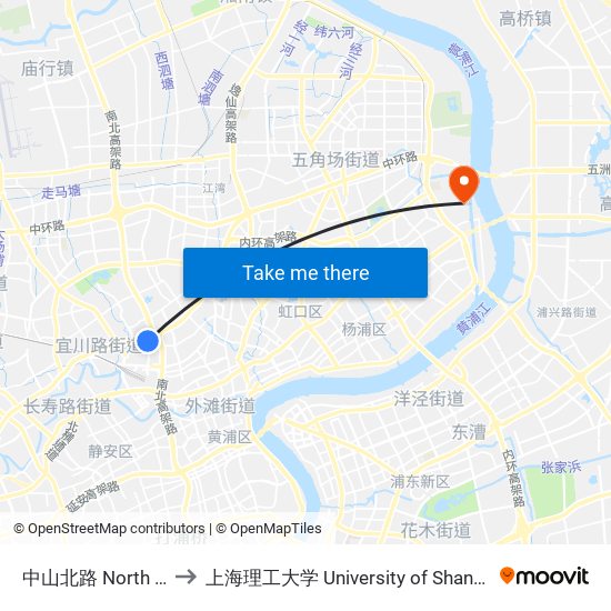 中山北路 North Zhongshan Road to 上海理工大学 University of Shanghai for Science and Technology map