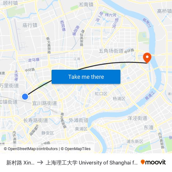 新村路 Xincun Road to 上海理工大学 University of Shanghai for Science and Technology map