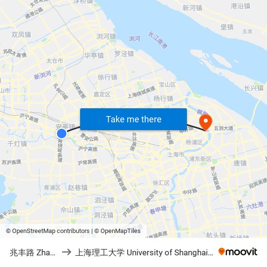 兆丰路 Zhaofeng Road to 上海理工大学 University of Shanghai for Science and Technology map