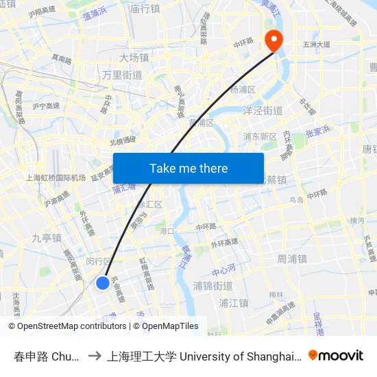 春申路 Chunshen Road to 上海理工大学 University of Shanghai for Science and Technology map