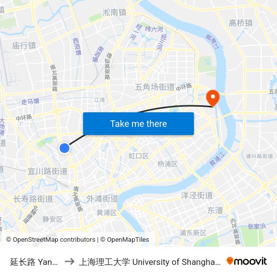 延长路 Yanchang Road to 上海理工大学 University of Shanghai for Science and Technology map