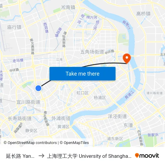 延长路 Yanchang Road to 上海理工大学 University of Shanghai for Science and Technology map