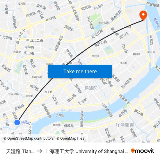 天潼路 Tiantong Road to 上海理工大学 University of Shanghai for Science and Technology map