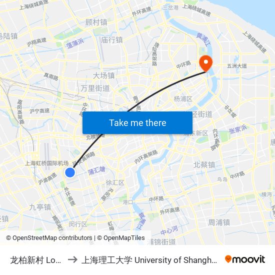 龙柏新村 Longbai Xincun to 上海理工大学 University of Shanghai for Science and Technology map