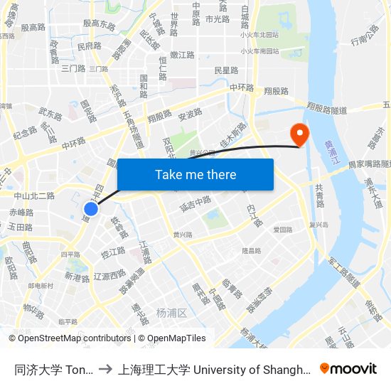 同济大学 Tongji University to 上海理工大学 University of Shanghai for Science and Technology map