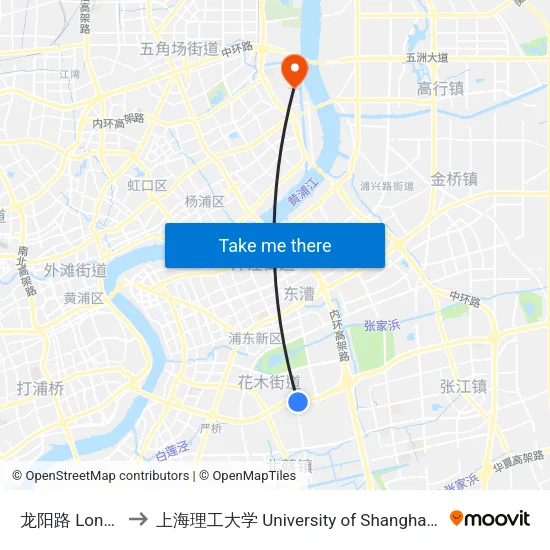 龙阳路 Longyang Road to 上海理工大学 University of Shanghai for Science and Technology map