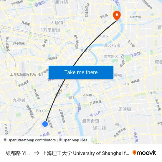 银都路 Yindu Road to 上海理工大学 University of Shanghai for Science and Technology map