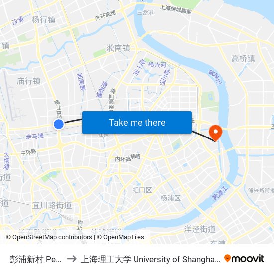 彭浦新村 Pengpu Xincun to 上海理工大学 University of Shanghai for Science and Technology map