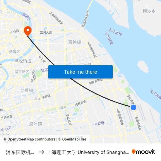 浦东国际机场1号航站楼 to 上海理工大学 University of Shanghai for Science and Technology map