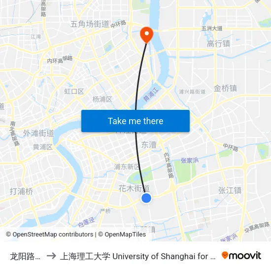 龙阳路地铁站 to 上海理工大学 University of Shanghai for Science and Technology map
