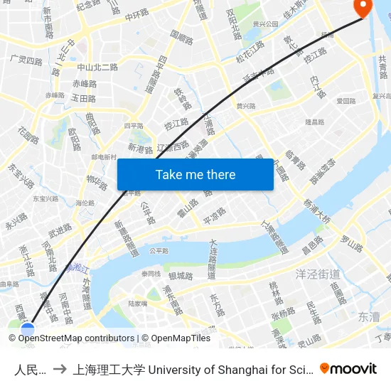 人民广场 to 上海理工大学 University of Shanghai for Science and Technology map