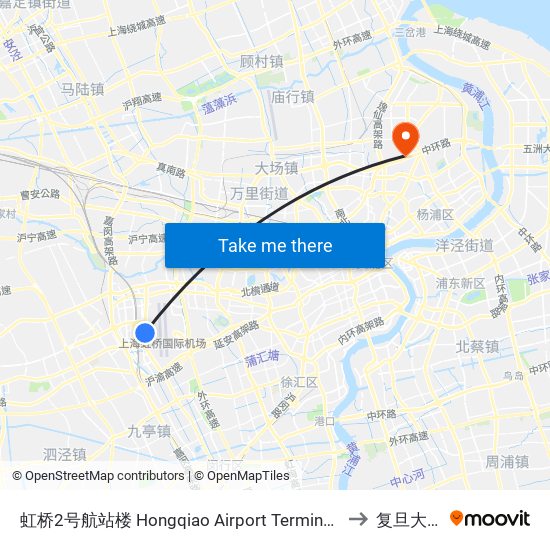 虹桥2号航站楼 Hongqiao Airport Terminal 2 to 复旦大学 map
