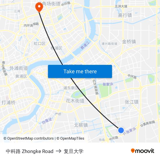 中科路 Zhongke Road to 复旦大学 map