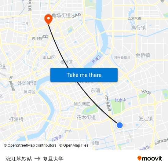 张江地铁站 to 复旦大学 map