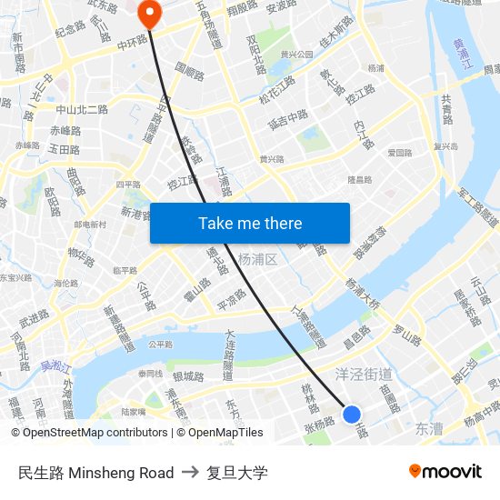 民生路 Minsheng Road to 复旦大学 map