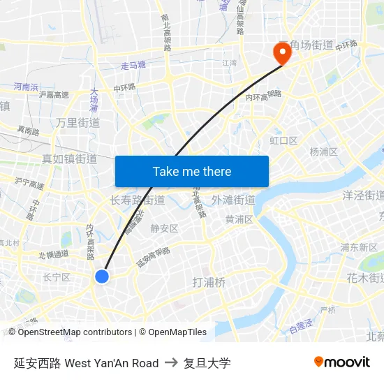 延安西路 West Yan'An Road to 复旦大学 map