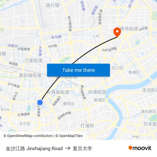 金沙江路 Jinshajiang Road to 复旦大学 map