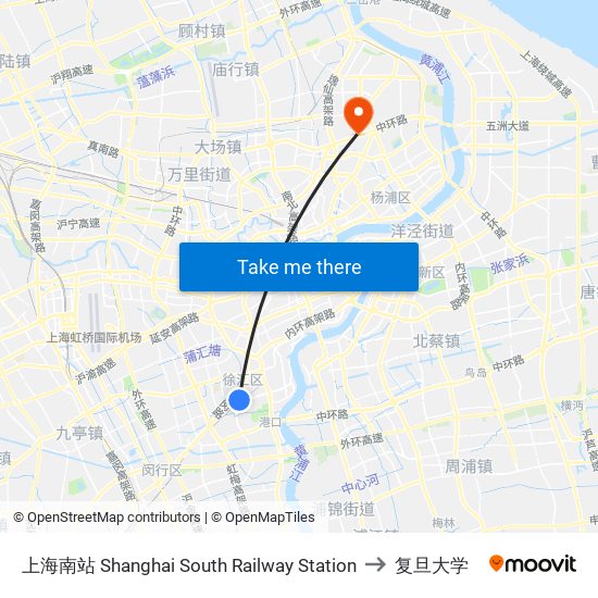 上海南站 Shanghai South Railway Station to 复旦大学 map