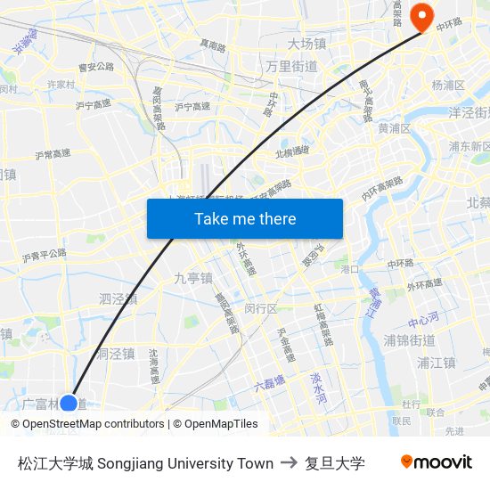松江大学城 Songjiang University Town to 复旦大学 map