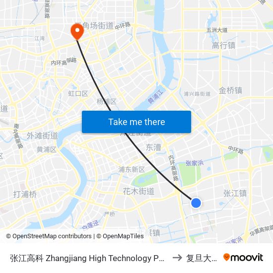 张江高科 Zhangjiang High Technology Park to 复旦大学 map