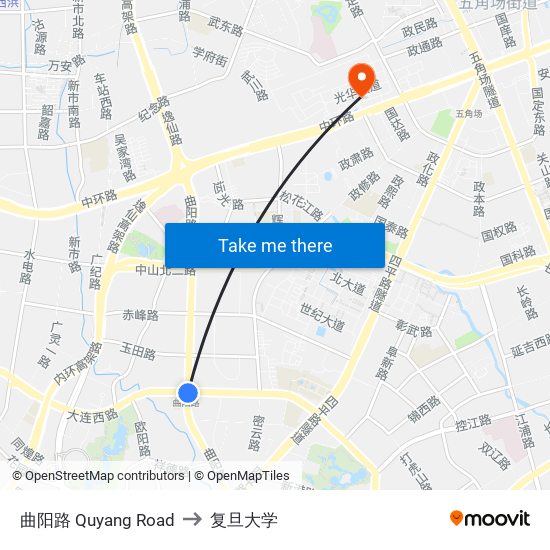 曲阳路 Quyang Road to 复旦大学 map