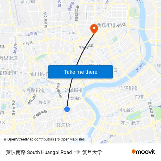 黄陂南路 South Huangpi Road to 复旦大学 map