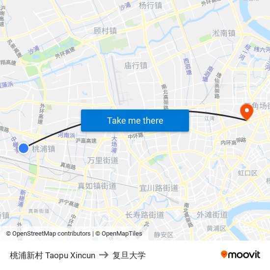 桃浦新村 Taopu Xincun to 复旦大学 map