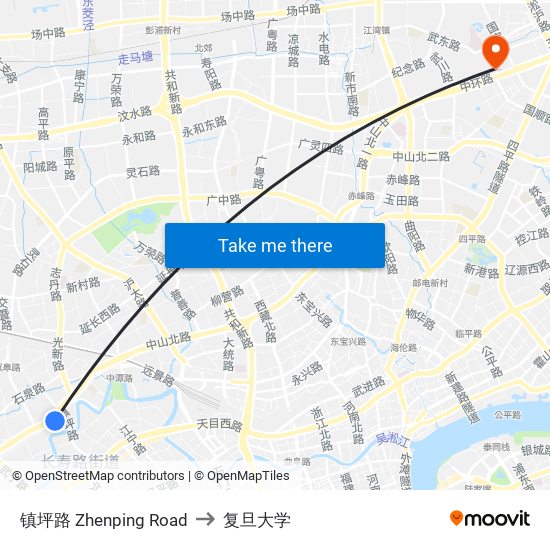 镇坪路 Zhenping Road to 复旦大学 map
